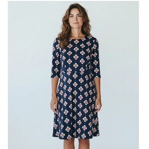 LOFT Outlet Dress Women 16 Navy Blue Floral Print 3/4 Sleeve Midi Classic Career
